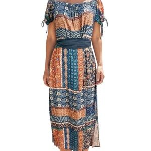 Dress Forum Los Angeles Patchwork Floral Off Shoulder Maxi Dress SZ S Navy